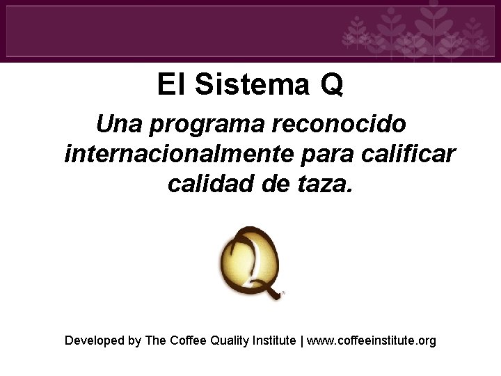 El Sistema Q Una programa reconocido internacionalmente para calificar calidad de taza. Developed by