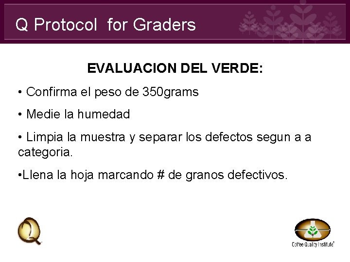 Q Protocol for Graders EVALUACION DEL VERDE: • Confirma el peso de 350 grams
