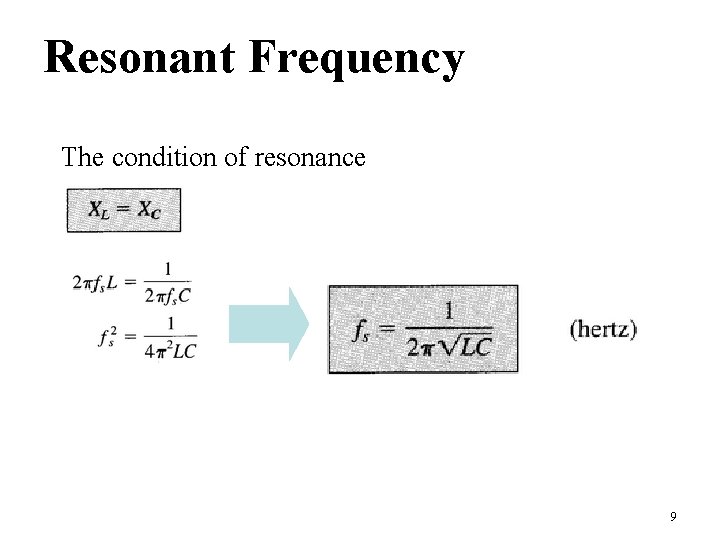 Resonant Frequency The condition of resonance 9 