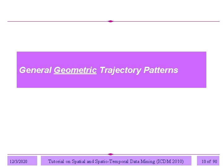 General Geometric Trajectory Patterns 12/3/2020 Tutorial on Spatial and Spatio-Temporal Data Mining (ICDM 2010) General Geometric Trajectory Patterns 12/3/2020 Tutorial on Spatial and Spatio-Temporal Data Mining (ICDM 2010)