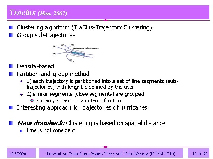 Traclus (Han, 2007) Clustering algorithm (Tra. Clus-Trajectory Clustering) Group sub-trajectories Density-based Partition-and-group method 1) Traclus (Han, 2007) Clustering algorithm (Tra. Clus-Trajectory Clustering) Group sub-trajectories Density-based Partition-and-group method 1)