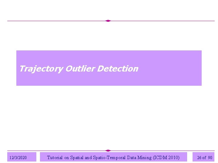Trajectory Outlier Detection 12/3/2020 Tutorial on Spatial and Spatio-Temporal Data Mining (ICDM 2010) 26 Trajectory Outlier Detection 12/3/2020 Tutorial on Spatial and Spatio-Temporal Data Mining (ICDM 2010) 26