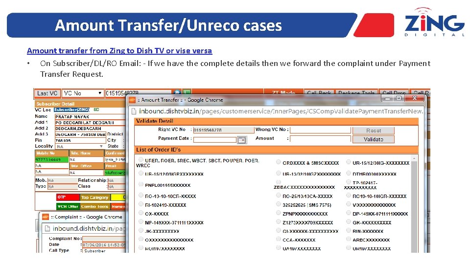 Amount Transfer/Unreco cases Amount transfer from Zing to Dish TV or vise versa •