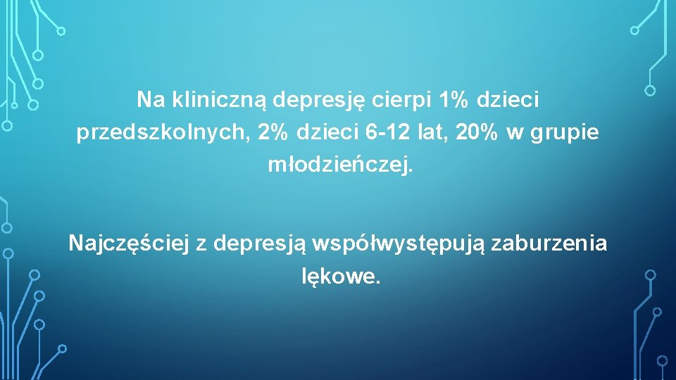 Na kliniczną depresję cierpi 1% dzieci przedszkolnych, 2% dzieci 6 -12 lat, 20% w