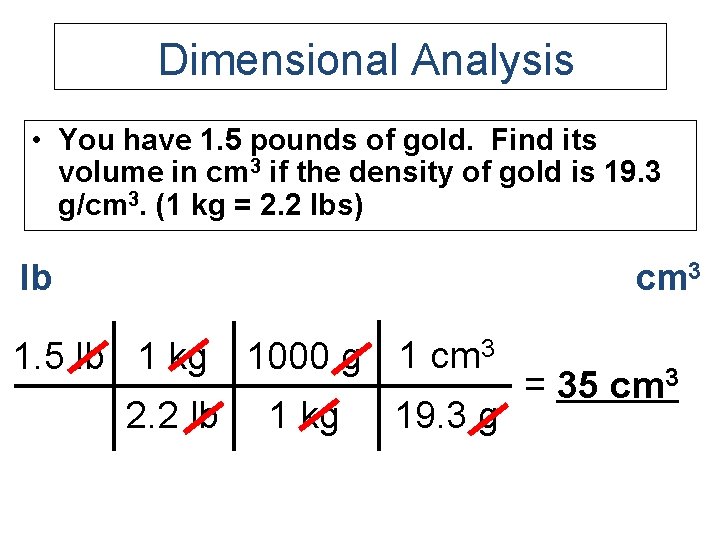 Dimensional Analysis • You have 1. 5 pounds of gold. Find its volume in