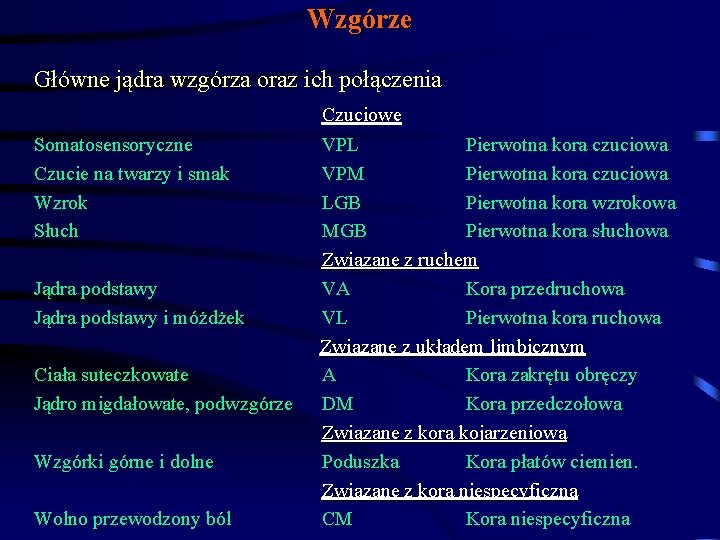 Wzgórze Główne jądra wzgórza oraz ich połączenia Somatosensoryczne Czucie na twarzy i smak Wzrok