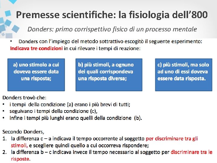 Premesse scientifiche: la fisiologia dell’ 800 Donders: primo corrispettivo fisico di un processo mentale