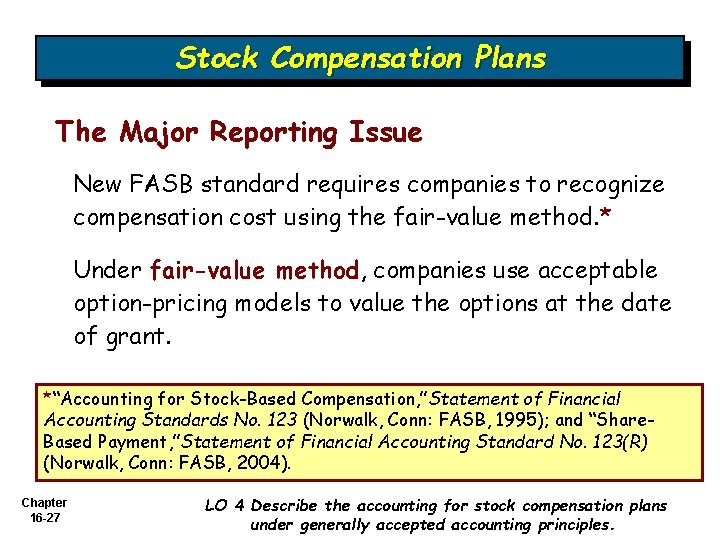 Stock Compensation Plans The Major Reporting Issue New FASB standard requires companies to recognize