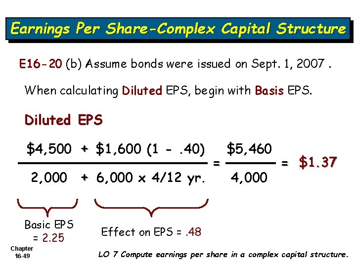 Earnings Per Share-Complex Capital Structure E 16 -20 (b) Assume bonds were issued on