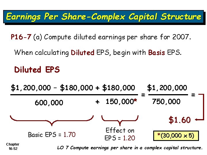 Earnings Per Share-Complex Capital Structure P 16 -7 (a) Compute diluted earnings per share