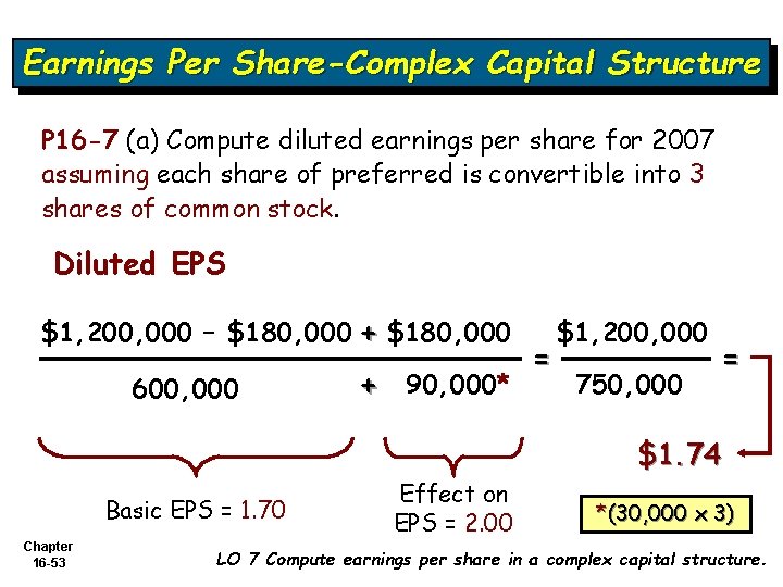 Earnings Per Share-Complex Capital Structure P 16 -7 (a) Compute diluted earnings per share