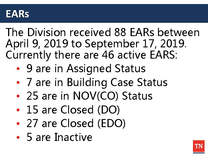 EARs The Division received 88 EARs between April 9, 2019 to September 17, 2019.