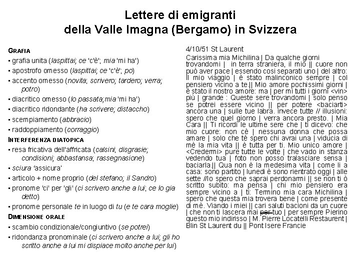 Lettere di emigranti della Valle Imagna (Bergamo) in Svizzera GRAFIA • grafia unita (laspittai;