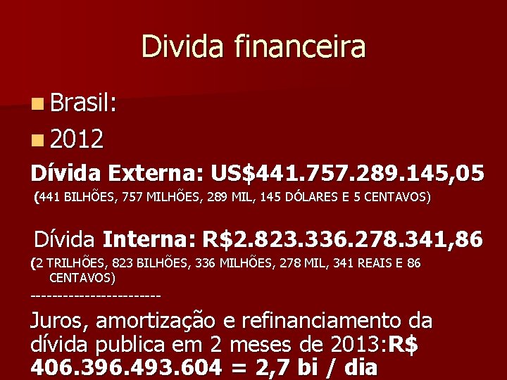 Divida financeira n Brasil: n 2012 Dívida Externa: US$441. 757. 289. 145, 05 (441