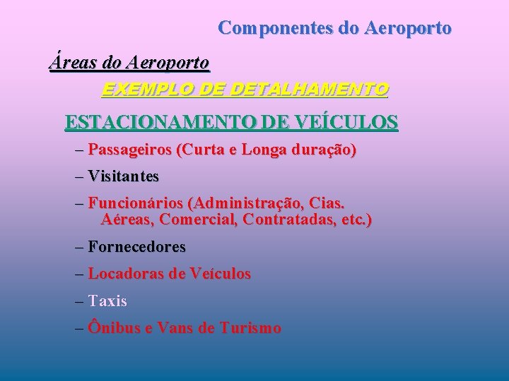 Componentes do Aeroporto Áreas do Aeroporto EXEMPLO DE DETALHAMENTO ESTACIONAMENTO DE VEÍCULOS – Passageiros