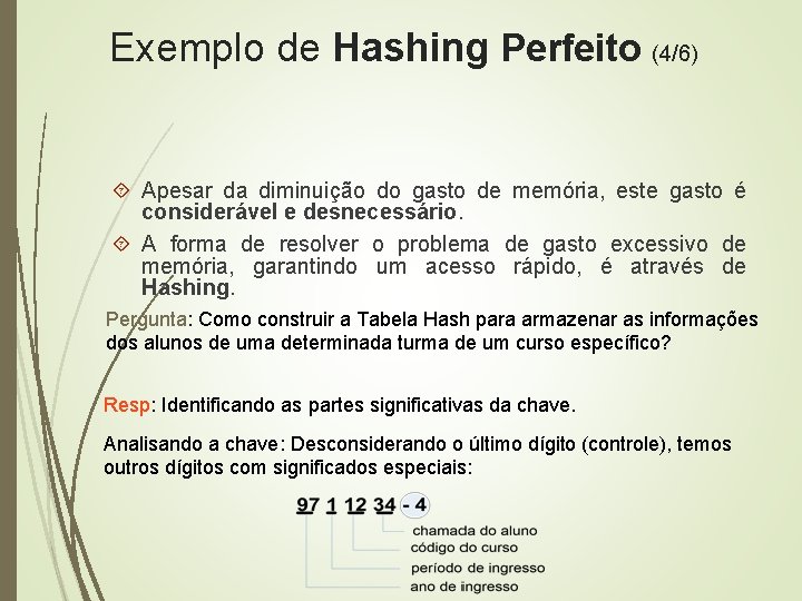 Exemplo de Hashing Perfeito (4/6) Apesar da diminuição do gasto de memória, este gasto
