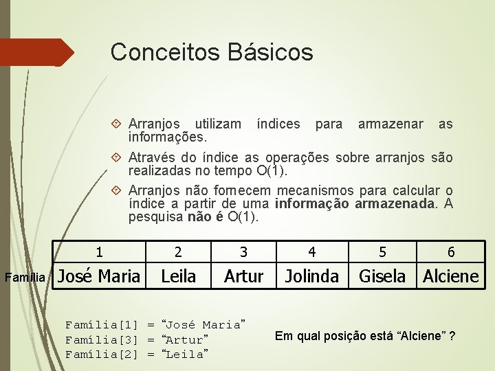 Conceitos Básicos Arranjos utilizam índices para armazenar as informações. Através do índice as operações