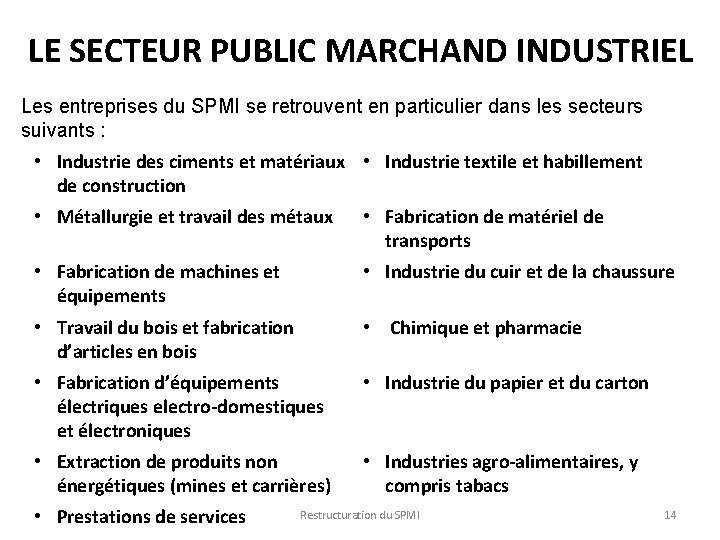 LE SECTEUR PUBLIC MARCHAND INDUSTRIEL Les entreprises du SPMI se retrouvent en particulier dans