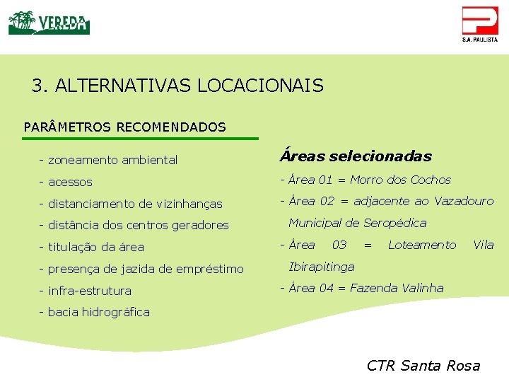 3. ALTERNATIVAS LOCACIONAIS PAR METROS RECOMENDADOS - zoneamento ambiental Áreas selecionadas - acessos -