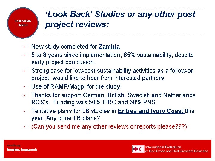 ‘Look Back’ Studies or any other post project reviews: Federation Health WASH Wat. San/EH