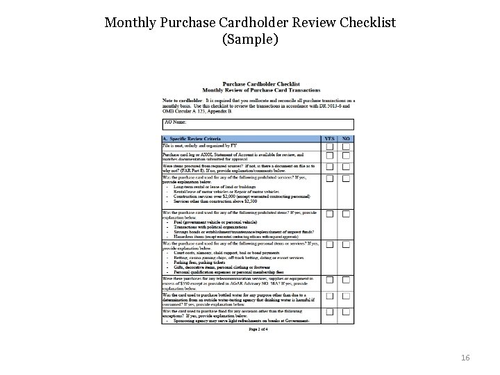 Monthly Purchase Cardholder Review Checklist (Sample) 16 