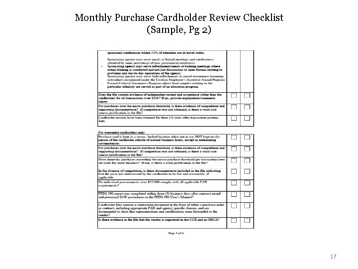 Monthly Purchase Cardholder Review Checklist (Sample, Pg 2) 17 