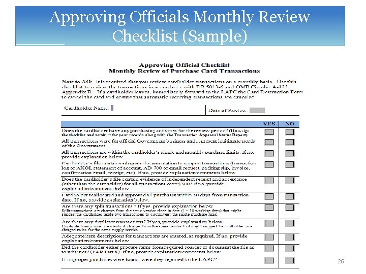 Approving Officials Monthly Review Checklist (Sample) 26 