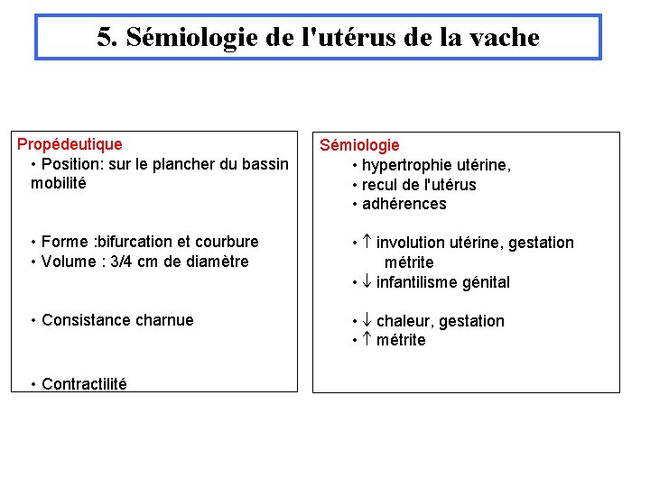 5. Sémiologie de l'utérus de la vache Propédeutique • Position: sur le plancher du