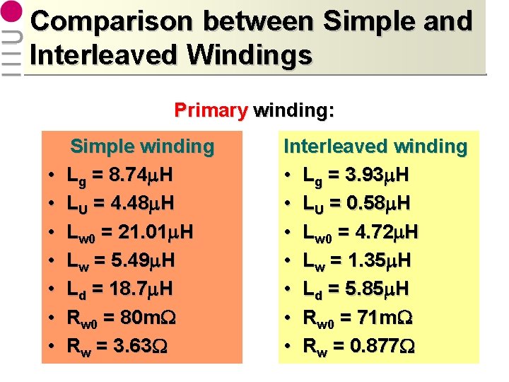 Comparison between Simple and Interleaved Windings Primary winding: • • Simple winding Lg =