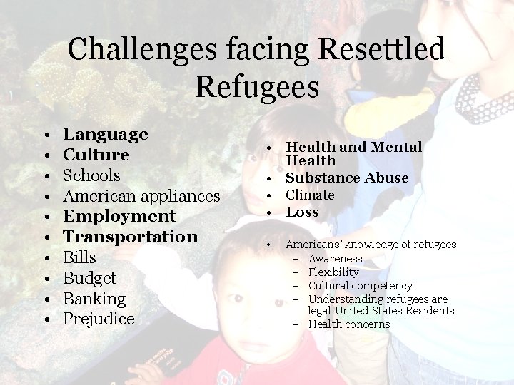 Challenges facing Resettled Refugees • • • Language Culture Schools American appliances Employment Transportation
