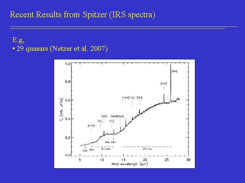 Recent Results from Spitzer (IRS spectra) E. g, • 29 quasars (Netzer et al.