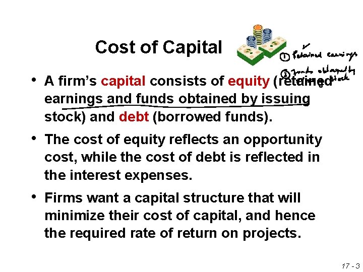 Cost of Capital • A firm’s capital consists of equity (retained earnings and funds