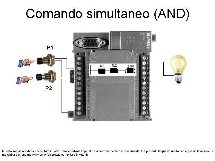 Comando simultaneo (AND) P 1 P 2 Questo impianto è detto anche “bimanuale”, perché