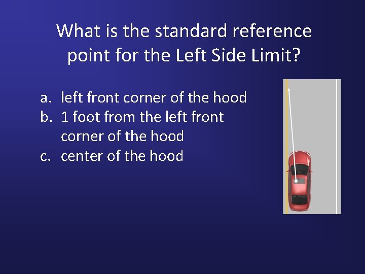 What is the standard reference point for the Left Side Limit? a. left front