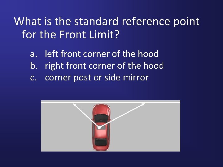 What is the standard reference point for the Front Limit? a. left front corner
