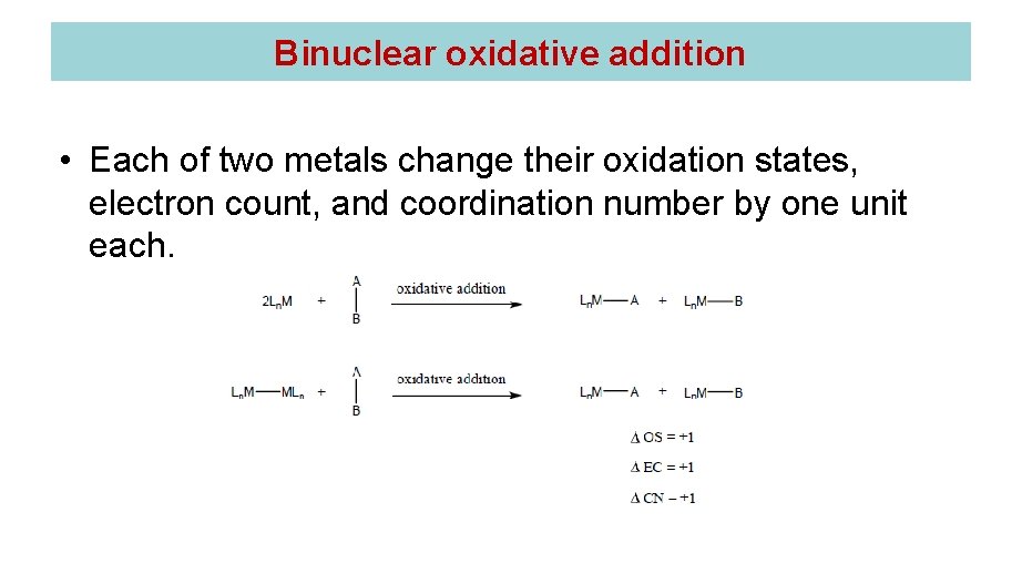 Binuclear oxidative addition • Each of two metals change their oxidation states, electron count,