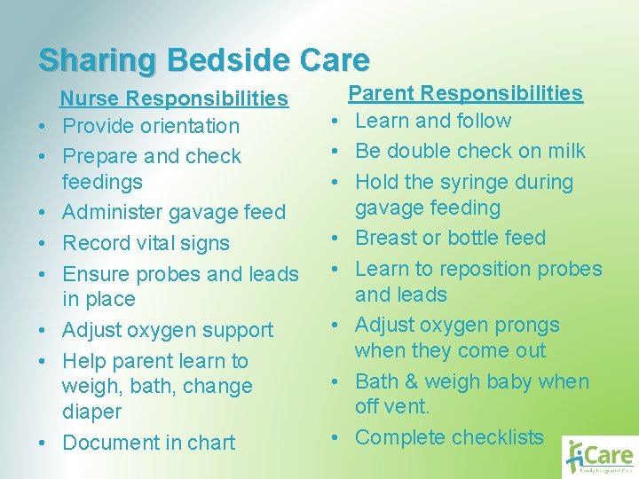 Sharing Bedside Care • • Nurse Responsibilities Provide orientation Prepare and check feedings Administer
