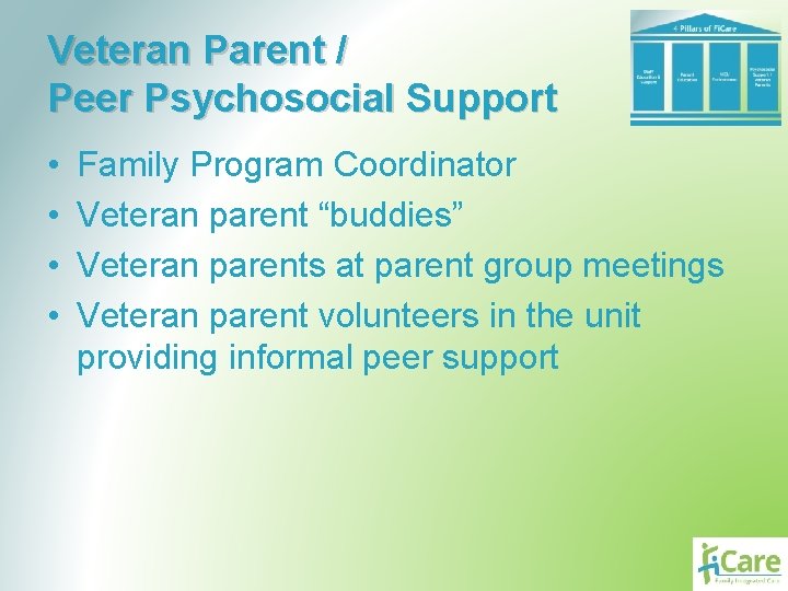 Veteran Parent / Peer Psychosocial Support • • Family Program Coordinator Veteran parent “buddies”