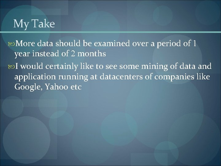My Take More data should be examined over a period of 1 year instead