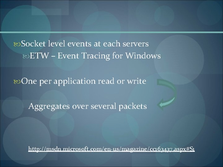  Socket level events at each servers ETW – Event Tracing for Windows One