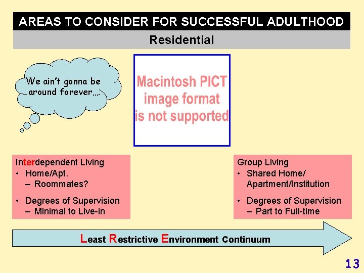 AREAS TO CONSIDER FOR SUCCESSFUL ADULTHOOD Residential We ain’t gonna be around forever…. Interdependent