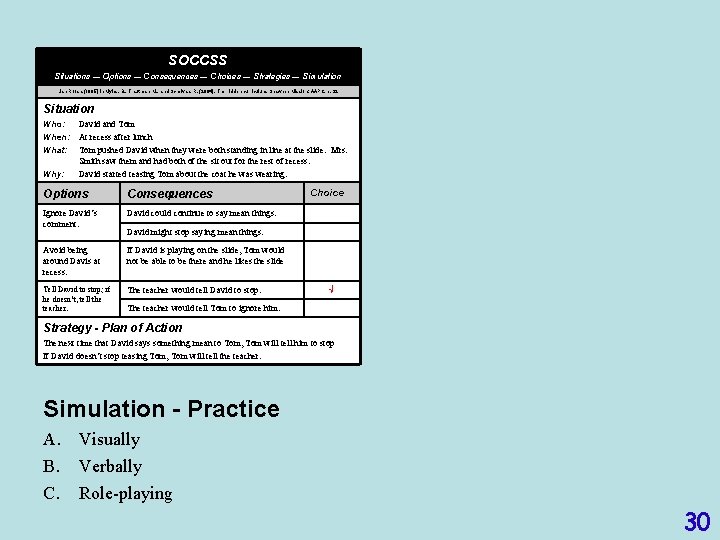 SOCCSS Situations — Options — Consequences — Choices — Strategies — Simulation Jan Roosa