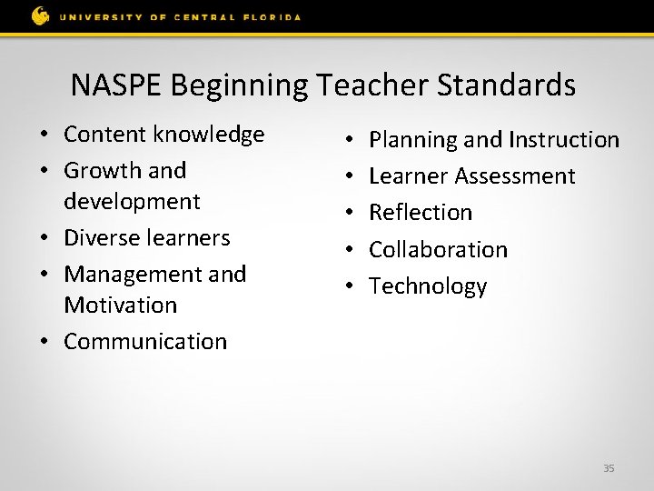 NASPE Beginning Teacher Standards • Content knowledge • Growth and development • Diverse learners