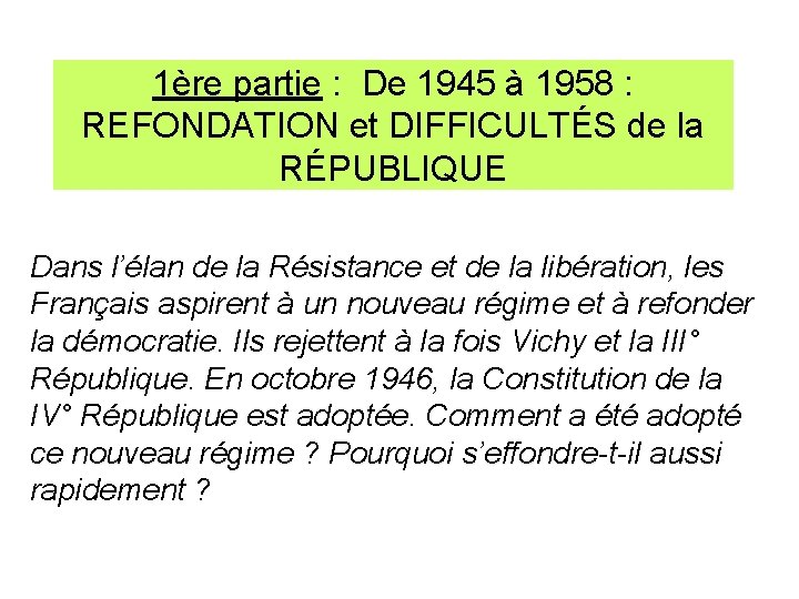 1ère partie : De 1945 à 1958 : REFONDATION et DIFFICULTÉS de la RÉPUBLIQUE