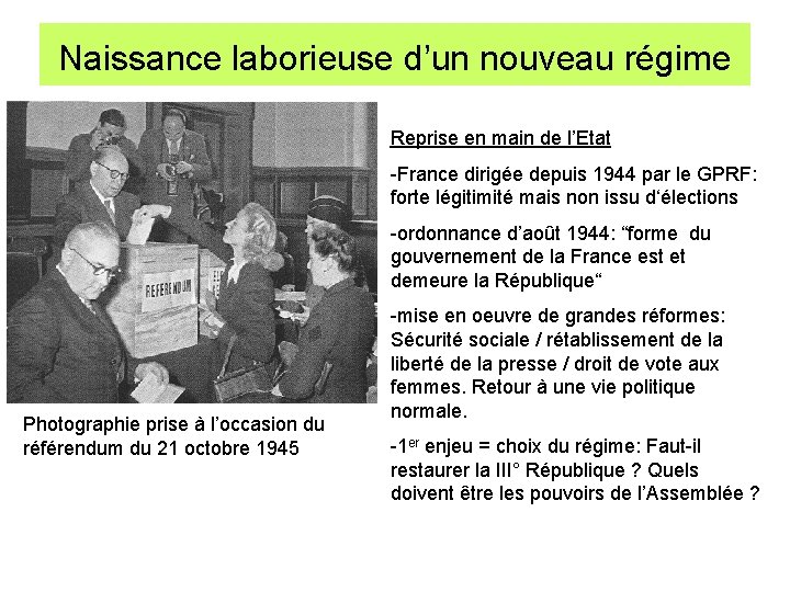 Naissance laborieuse d’un nouveau régime Reprise en main de l’Etat -France dirigée depuis 1944