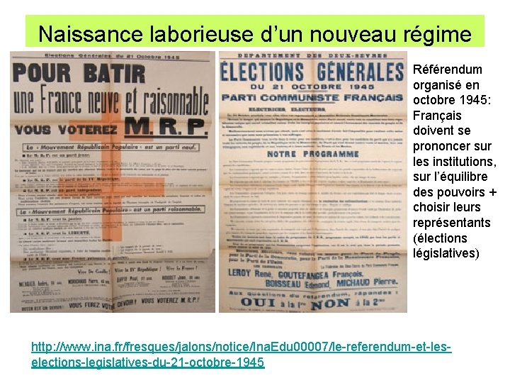 Naissance laborieuse d’un nouveau régime Référendum organisé en octobre 1945: Français doivent se prononcer