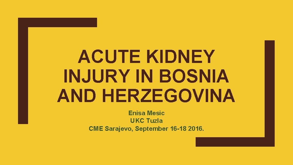 ACUTE KIDNEY INJURY IN BOSNIA AND HERZEGOVINA Enisa Mesic UKC Tuzla CME Sarajevo, September