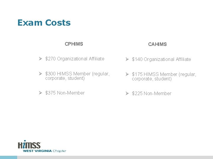 Exam Costs CPHIMS CAHIMS Ø $270 Organizational Affiliate Ø $140 Organizational Affiliate Ø $300