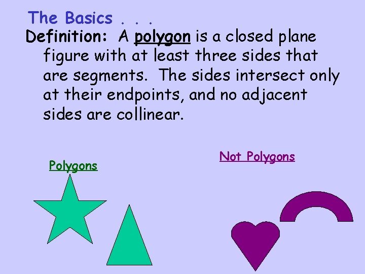 The Basics. . . Definition: A polygon is a closed plane figure with at