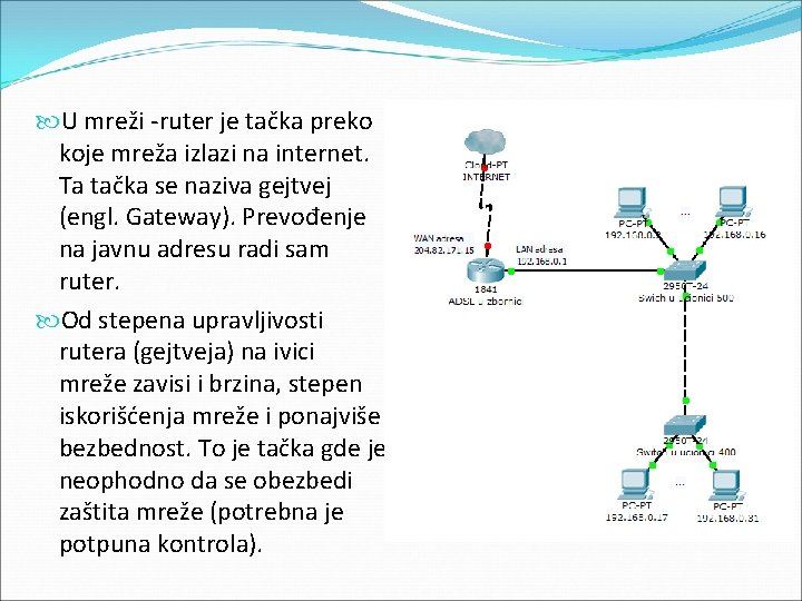  U mreži -ruter je tačka preko koje mreža izlazi na internet. Ta tačka